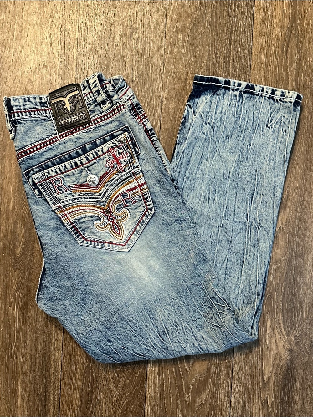 Rock Revival Calden Straight AcidWash Denim Jeans Red Pocket Stitching Sz 38 USA